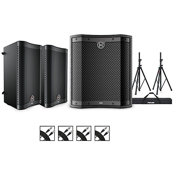 Harbinger VARI 2000 Series Powered Speakers Package With VS12 Subwoofer, Stands and Cables 8 Mains