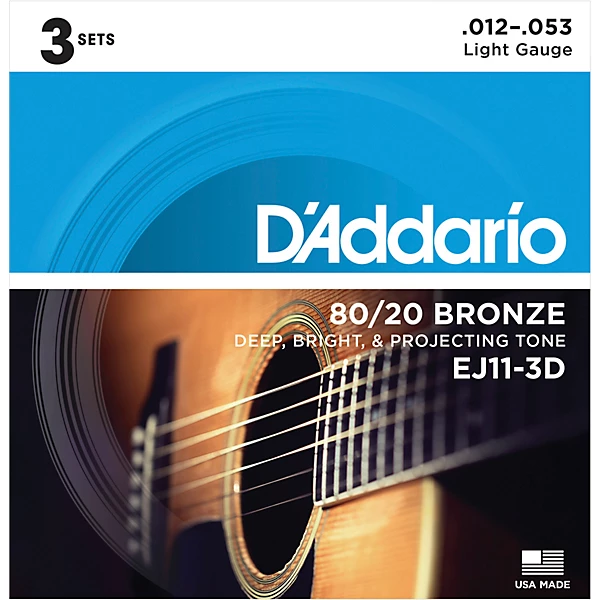 D'Addario EJ11-3D 80/20 Bronze Light Acoustic Guitar Strings 3-Pack