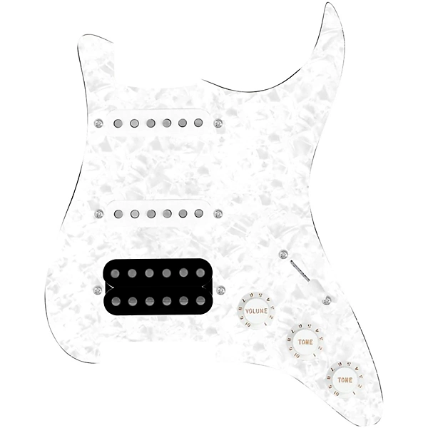 920D Custom HSS Loaded Pickguard for Strat With Uncovered Smoothie Humbucker, White Texas Vintage Pickups, White Knobs White Pearl