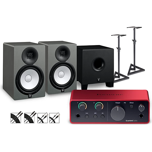 Focusrite Scarlett Solo Gen 4 with Yamaha HS Studio Monitor Pair & HS8S Subwoofer Bundle (Stands & Cables Included) HS8 SG