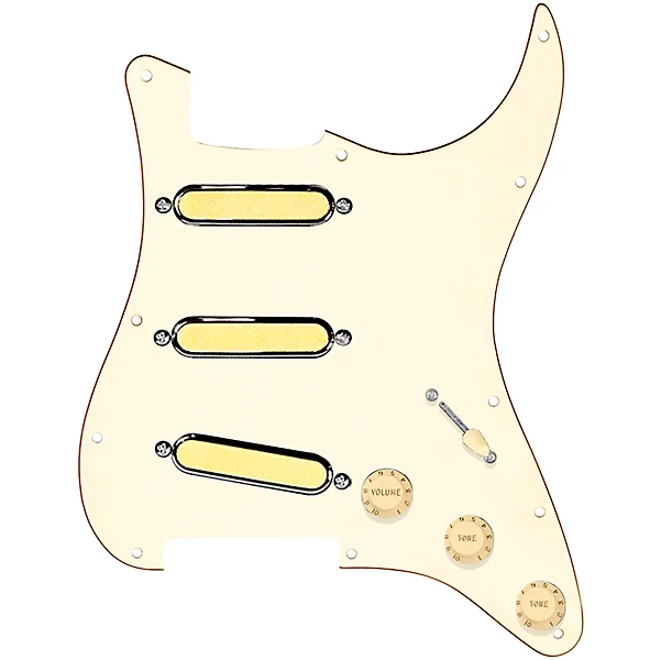 920D Custom Gold Foil Loaded Pickguard For Strat With Aged White Pickups and Knobs and S5W Wiring Harness Aged White