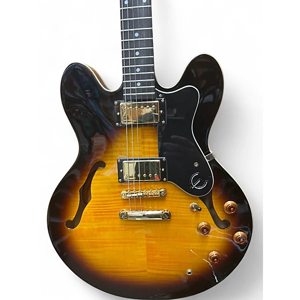 Used Epiphone Dot Deluxe Flametop 2 Tone Sunburst Hollow Body Electric Guitar