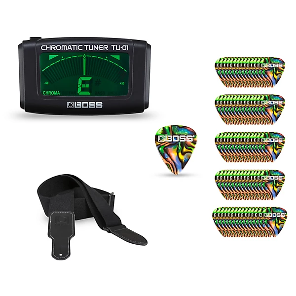 BOSS Guitar Accessory Kit: TU-01 Tuner, 2 Cotton Strap, 72-Pick Pack Heavy