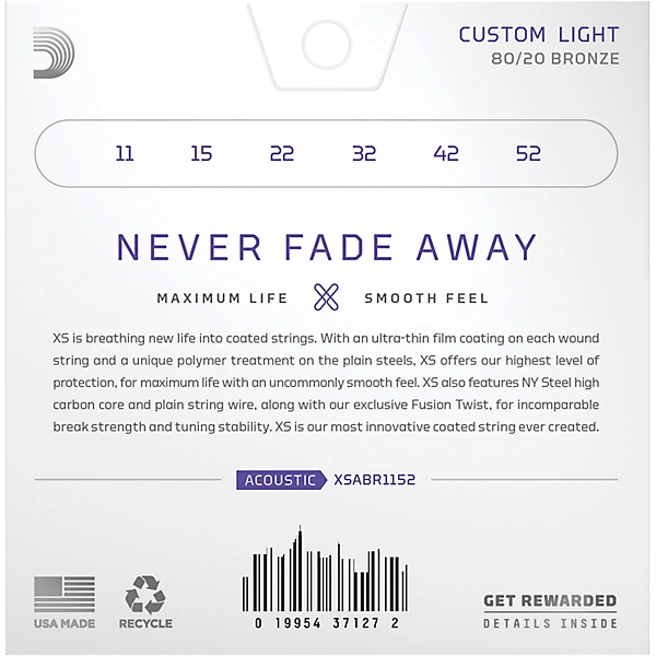 D'Addario XS Acoustic 80/20 Bronze Coated Guitar Strings Custom Light (11-52) 4 D'Addario XS Acoustic 80/20 Bronze Coated Guitar Strings Custom Light (11-52)