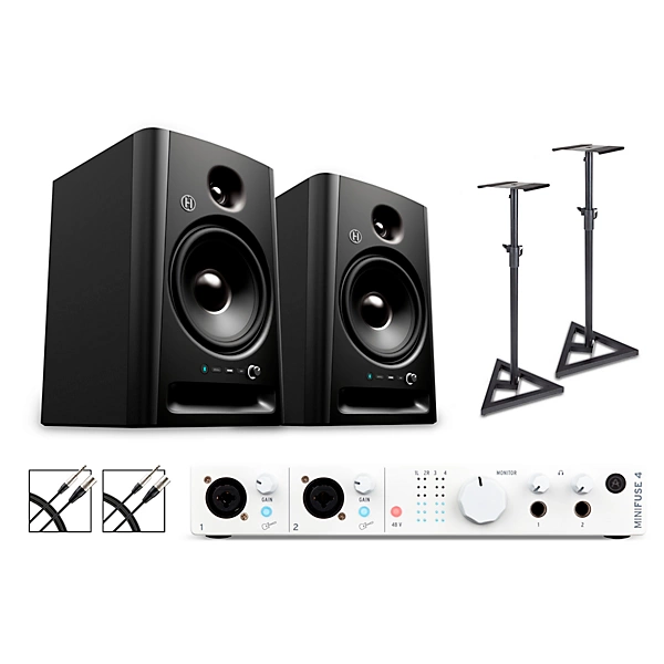 Arturia Minifuse 4 with Harbinger Studio Monitor Pair (Stands & Cables Included) SM508 White
