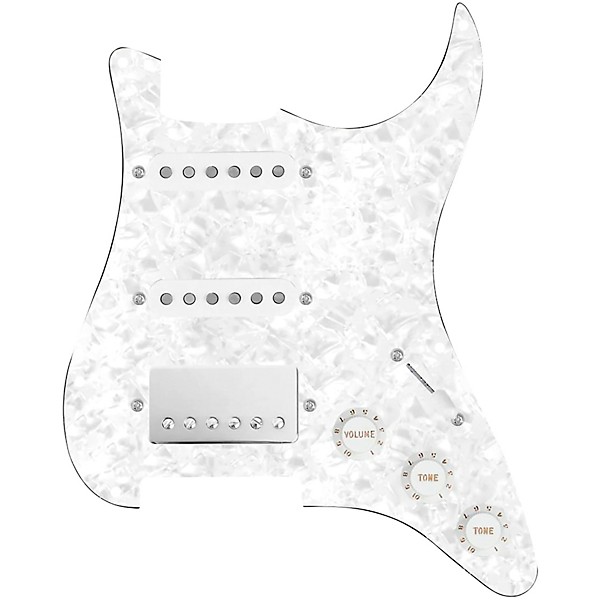 920D Custom HSS Loaded Pickguard For Strat With A Nickel Cool Kids Humbucker, White Texas Grit Pickups and Black Knobs White Pearl