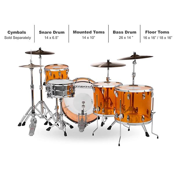 Ludwig Vistalite Zep Set 5-Piece Shell Pack With LM402 Snare Drum Amber 4 Ludwig Vistalite Zep Set 5-Piece Shell Pack With LM402 Snare Drum Amber